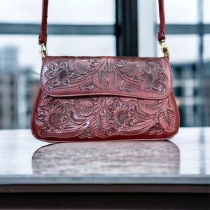 Artisan Tooled Leather Crossbody/Clutch Purse, Cabernet Wine